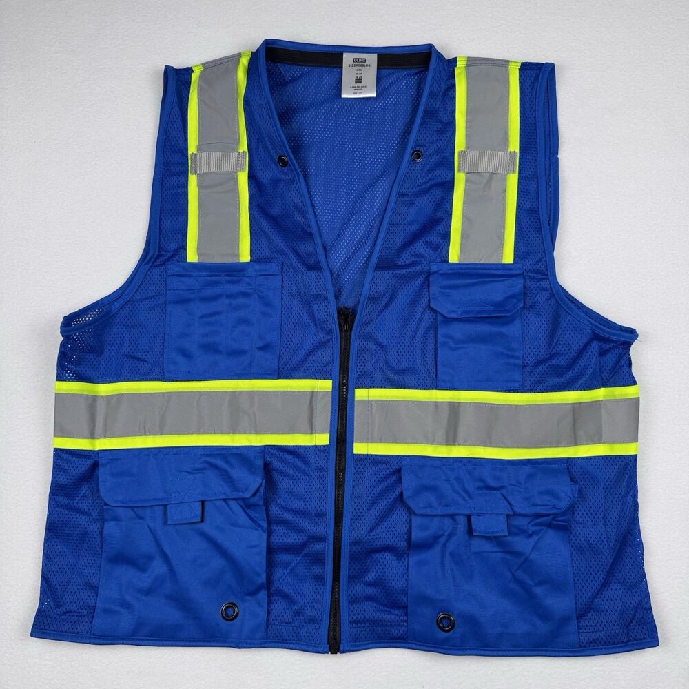 Uline Colored Hi-Visibility Reflective Safety Vest Full Zip Pocket Blue Large/XL